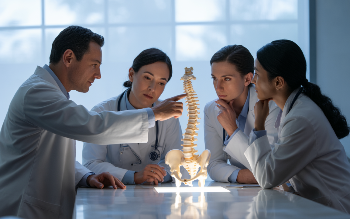 Quatre professionnels de santé examinent un modèle de colonne vertébrale lors d'une séance d'éducation médicale.
