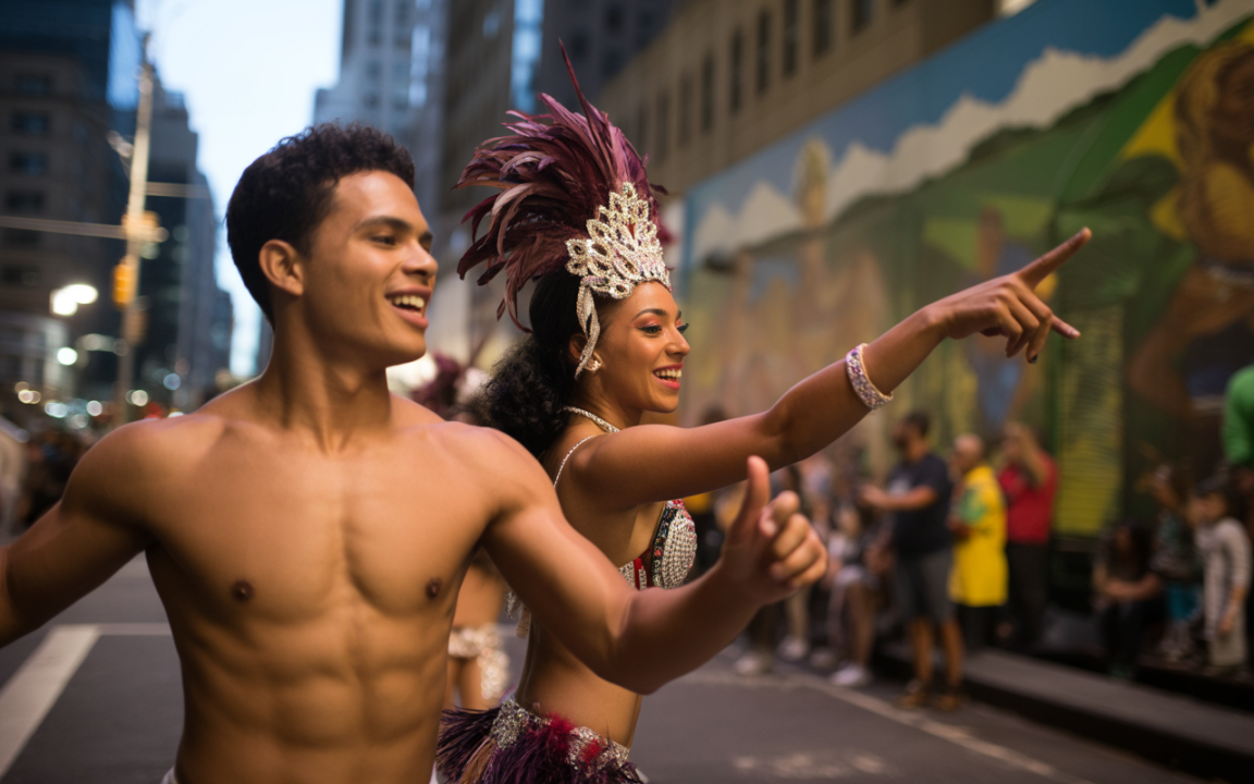 Deux danseurs souriants, en tenue colorée, défilent joyeusement dans une rue animée, entourés d'un public admiratif.