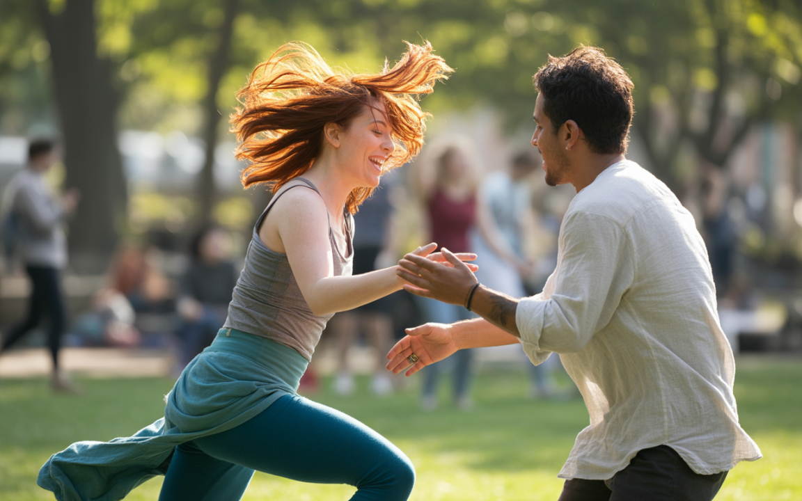 Deux personnes dansent joyeusement dans un parc ensoleillé, entourées de verdure et d'autres personnes en arrière-plan.