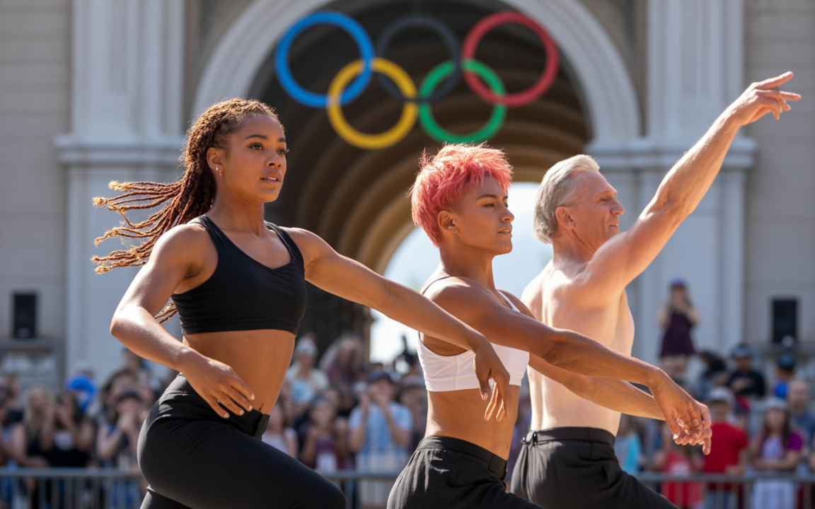 Trois danseurs effectuent une performance en plein air, avec les anneaux olympiques en arrière-plan et une foule enthousiaste.