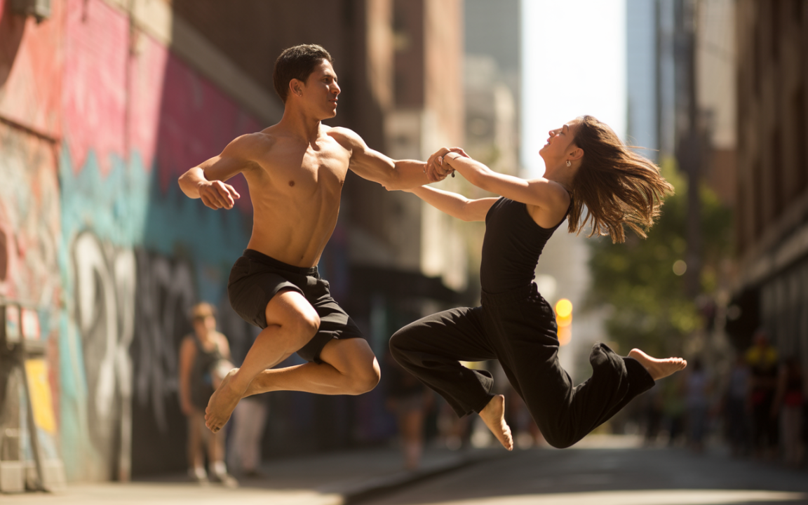 Deux danseurs, un homme torse nu et une femme, sautent ensemble dans une rue animée, avec des graffitis en arrière-plan.