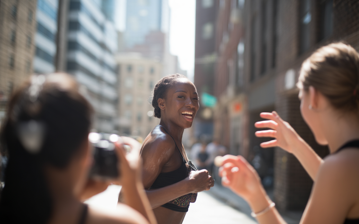 Femme courant joyeusement dans une rue animée, entourée d’amies. L'atmosphère est dynamique et ensoleillée, capturant un moment de convivialité.