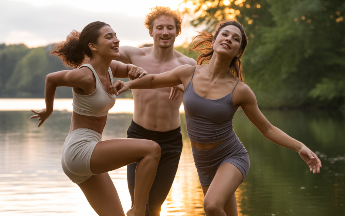 Trois jeunes adultes dansent joyeusement au bord d'un lac, sous un coucher de soleil, entourés de verdure.