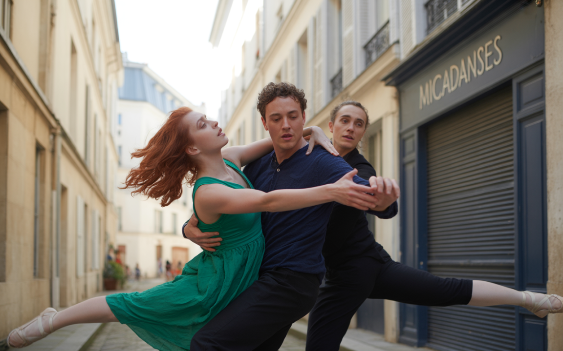Danseurs en pleine performance dans une rue parisienne, avec une femme en robe verte et deux hommes en tenue de danse.