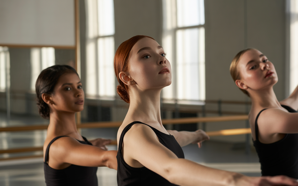 Trois danseuses en tenue noire posent dans un studio lumineux, se tenant avec grâce près d’un miroir.