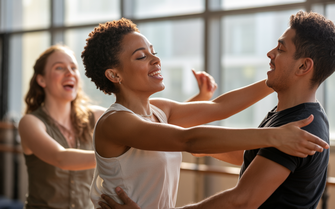 Trois personnes dansent joyeusement dans un studio lumineux, se tenant par les bras et souriant. Ambiance conviviale et énergique.