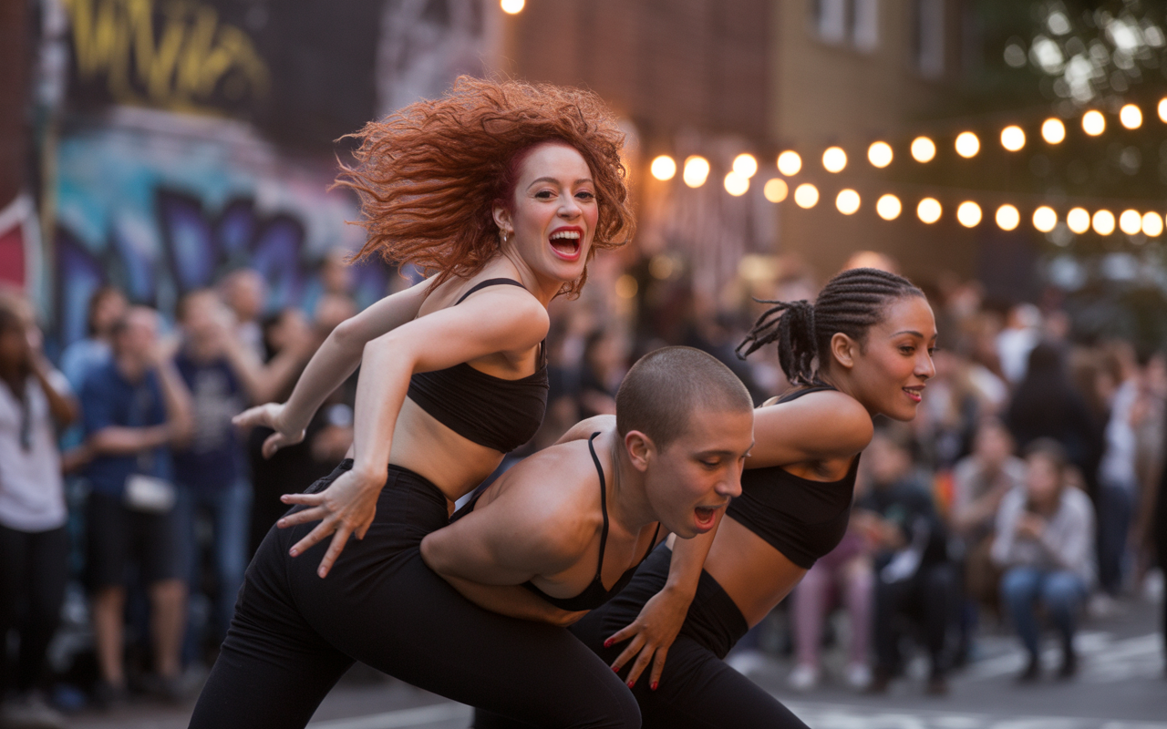 Trois danseurs sur scène, vêtus de noir, exécutent une chorégraphie joyeuse devant une foule, avec des lumières en arrière-plan.