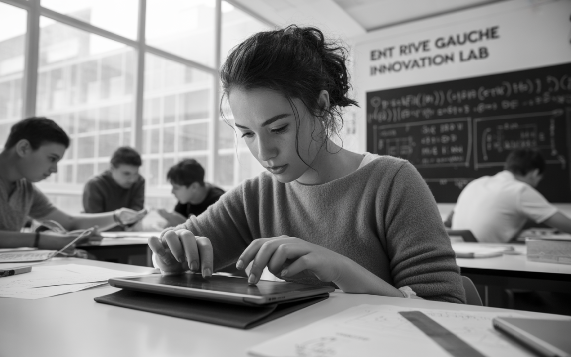 Une étudiante concentrée utilise une tablette, entourée de camarades dans une salle de classe lumineuse avec un tableau noir.