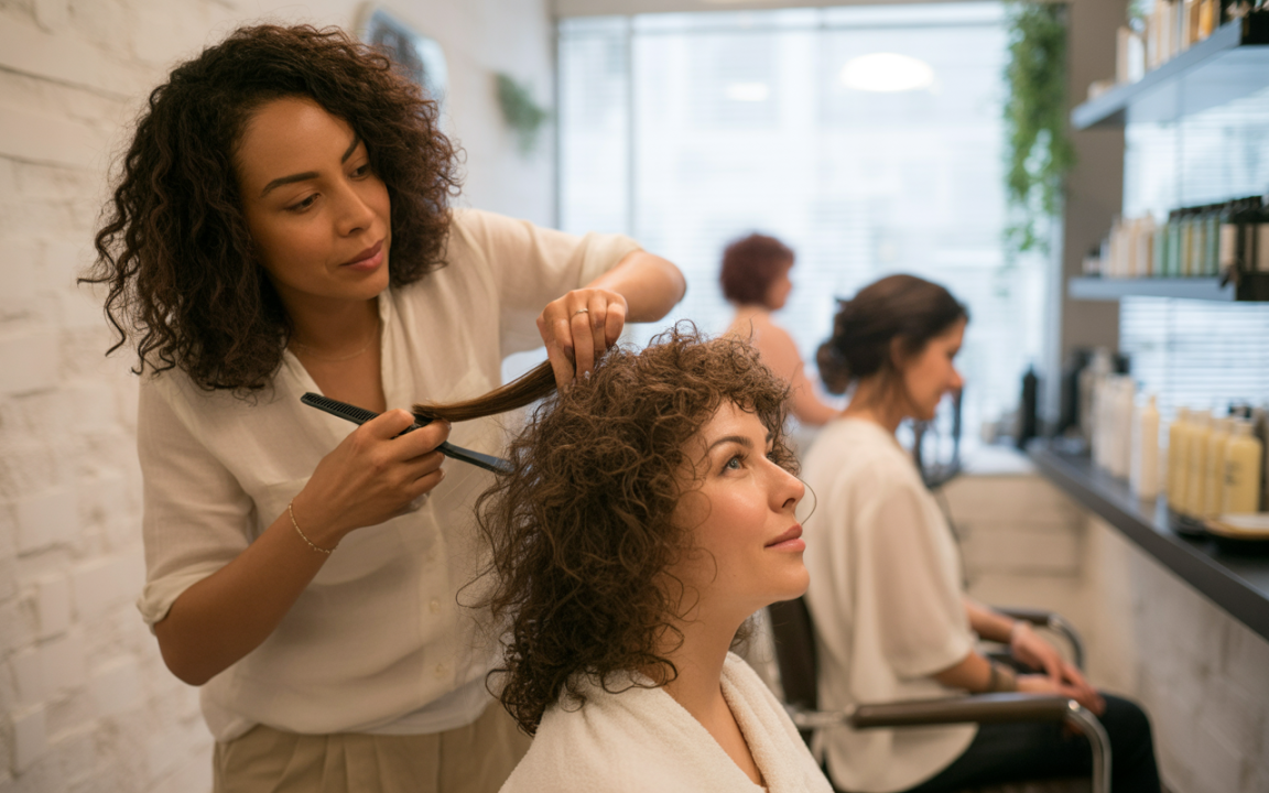 Une coiffeuse réalise une coiffure sur une cliente aux cheveux bouclés dans un salon lumineux, avec d'autres clientes en arrière-plan.