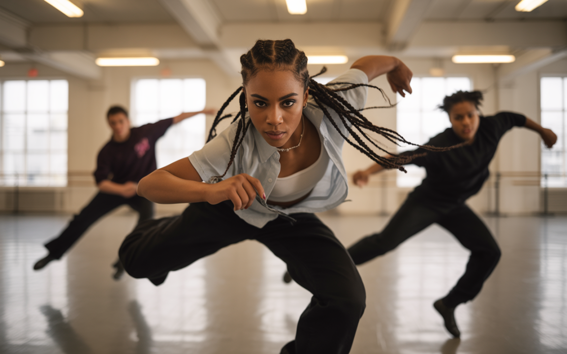 Trois danseurs en pleine action dans un studio lumineux, capturant l'énergie du mouvement et de la danse contemporaine.