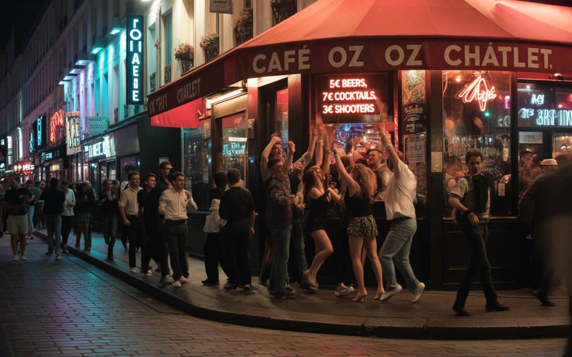 Un groupe de personnes s'amusent devant le Café Oz Châtelet, illuminé par des néons, dans une ambiance nocturne animée.