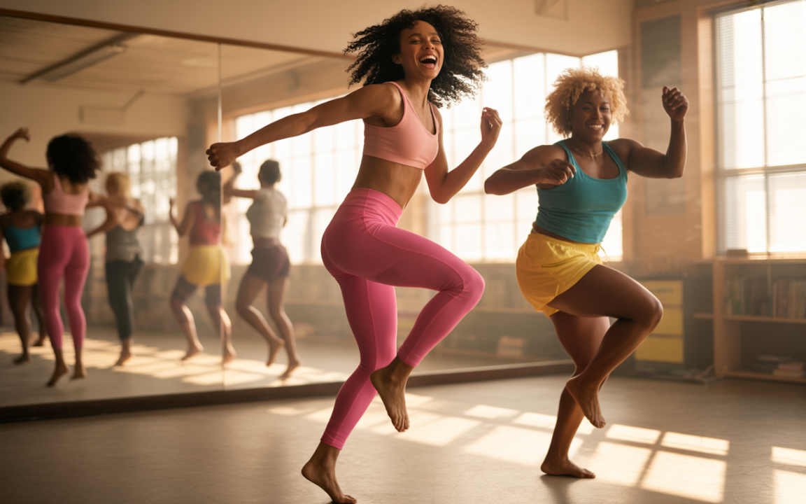 Deux femmes dansent joyeusement dans un studio lumineux, vêtues de vêtements de sport colorés, avec un miroir en arrière-plan.