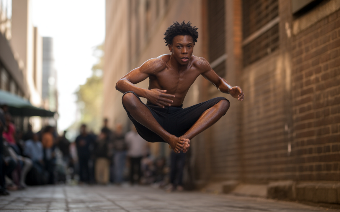 Un jeune homme en costume décontracté effectue un saut en plein air, entouré d'une foule admirative dans une ruelle.