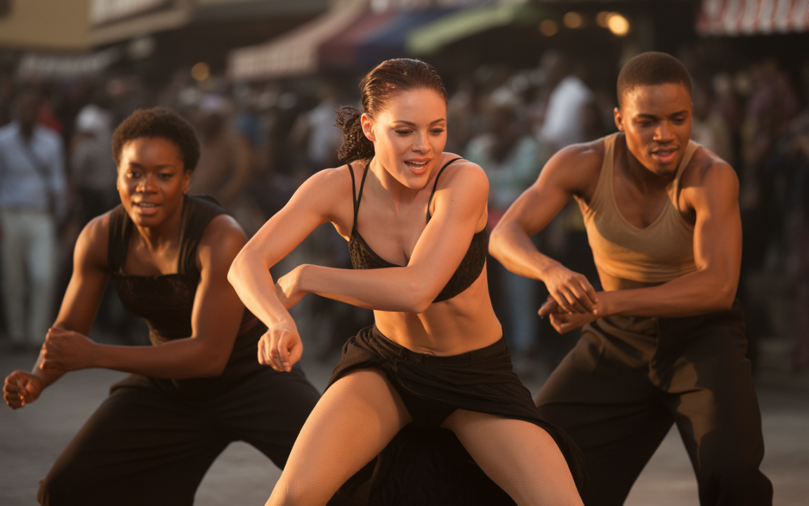 Trois danseurs exécutent une chorégraphie dynamique en plein air, sous un éclairage chaleureux, captivant une foule en arrière-plan.