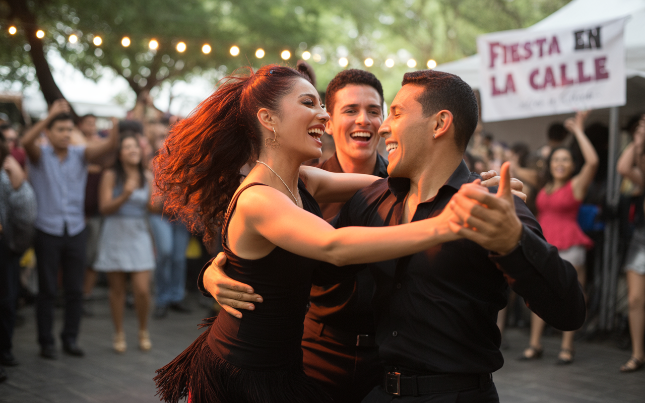 Trois danseurs souriants se produisent lors d'une fête en plein air, entourés d'un public joyeux et d'une ambiance festive.