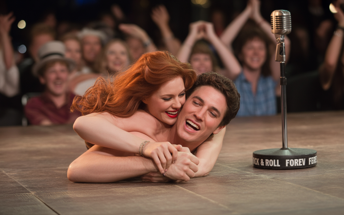 Un couple souriant danse sur scène, entouré d'une foule enthousiaste, avec un micro vintage en arrière-plan.