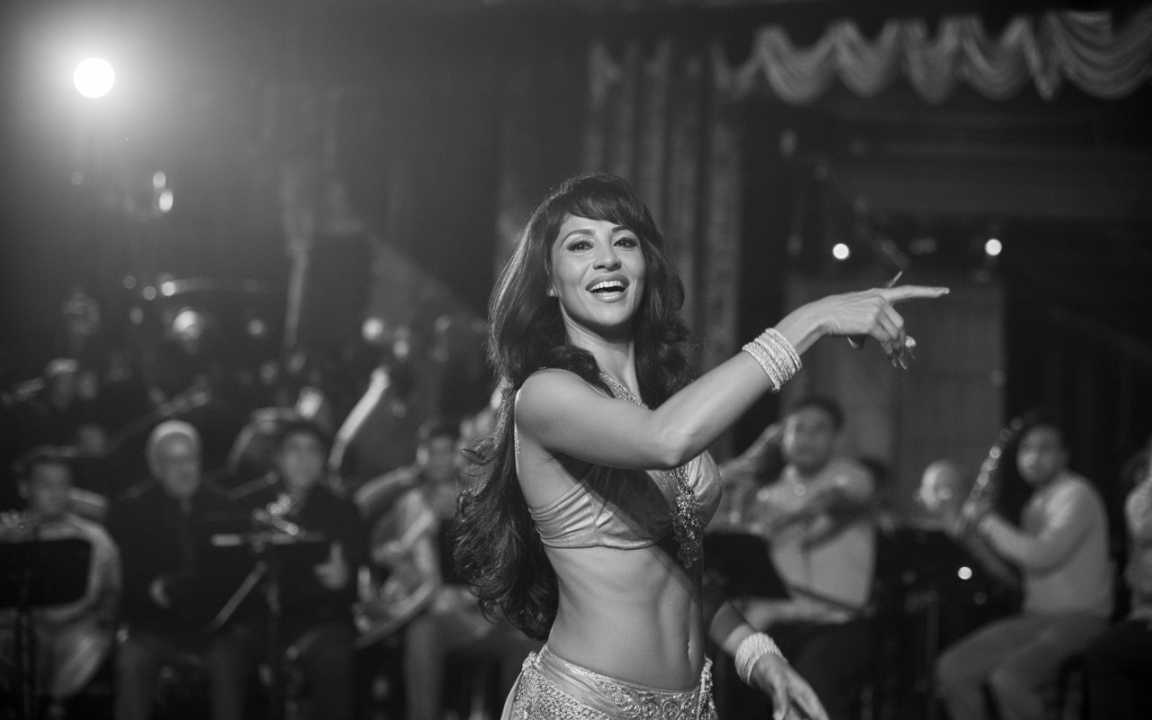 Une femme danse en portant un costume scintillant, sourire aux lèvres, tandis qu'un orchestre joue en arrière-plan. Scène en noir et blanc.