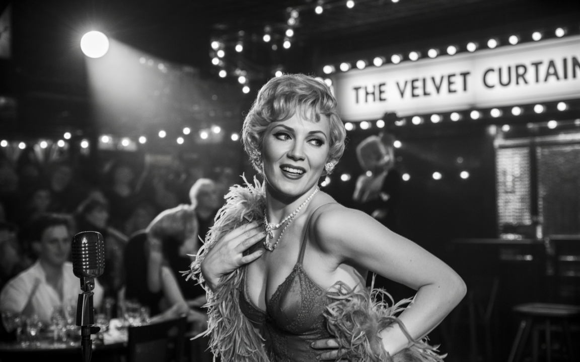 Une chanteuse glamour en noir et blanc, portant une tenue scintillante et des plumes, se produit sur scène devant un public captivé.