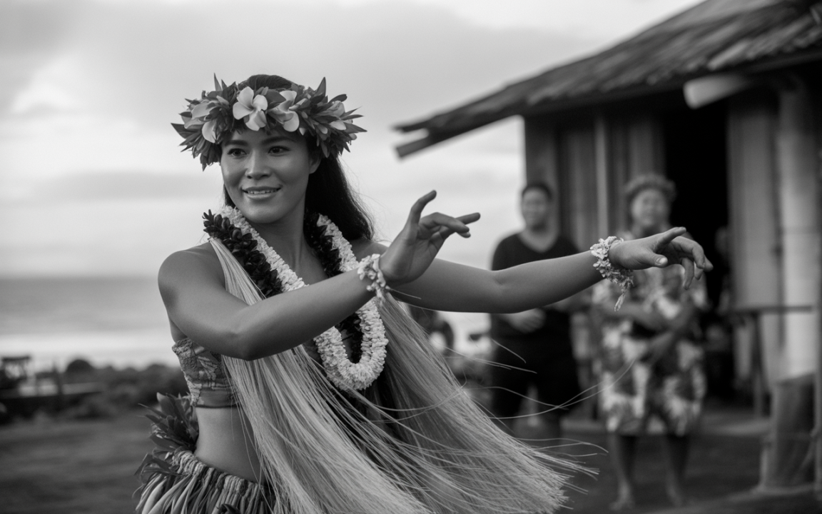 Femme dansante en tenue traditionnelle, couronne de fleurs, devant un paysage marin, avec des spectateurs en arrière-plan. Image en noir et blanc.