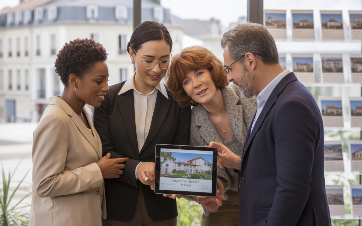 Quatre personnes discutent d'un bien immobilier affiché sur une tablette, entourées d'annonces immobilières dans une agence lumineuse.