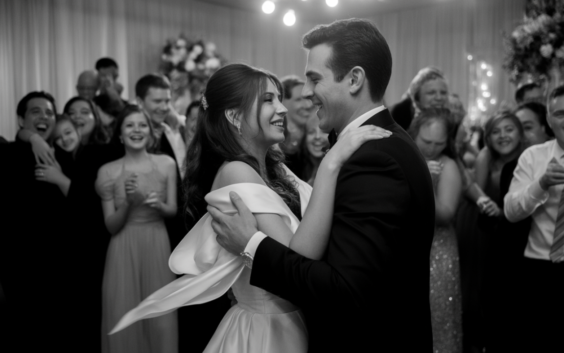 Couple dansant joyeusement lors d'un mariage, entouré d'invités souriants dans une ambiance festive et chaleureuse. Image en noir et blanc.
