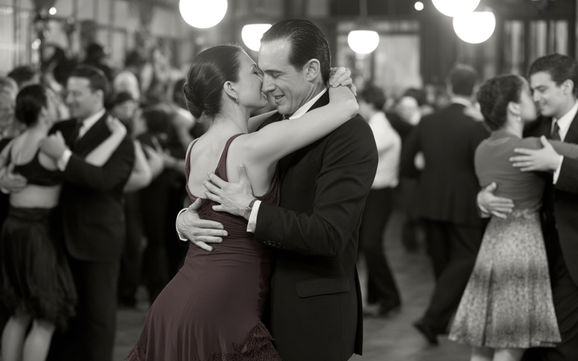 Couple dans une danse romantique, entouré d'autres danseurs dans une ambiance élégante en noir et blanc. Émotion palpable.