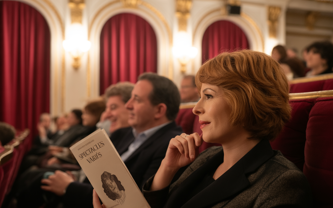 Femme avec les cheveux ondulés, assise dans un théâtre, lit un programme intitulé "Spectacles Variés", sourire pensif. Décor élégant.
