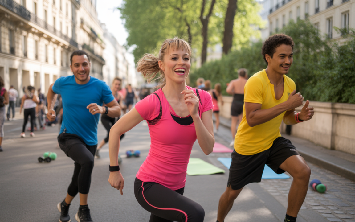 Groupe de personnes courant en pleine rue, sous les arbres, portant des vêtements de sport colorés, exprimant joie et énergie.
