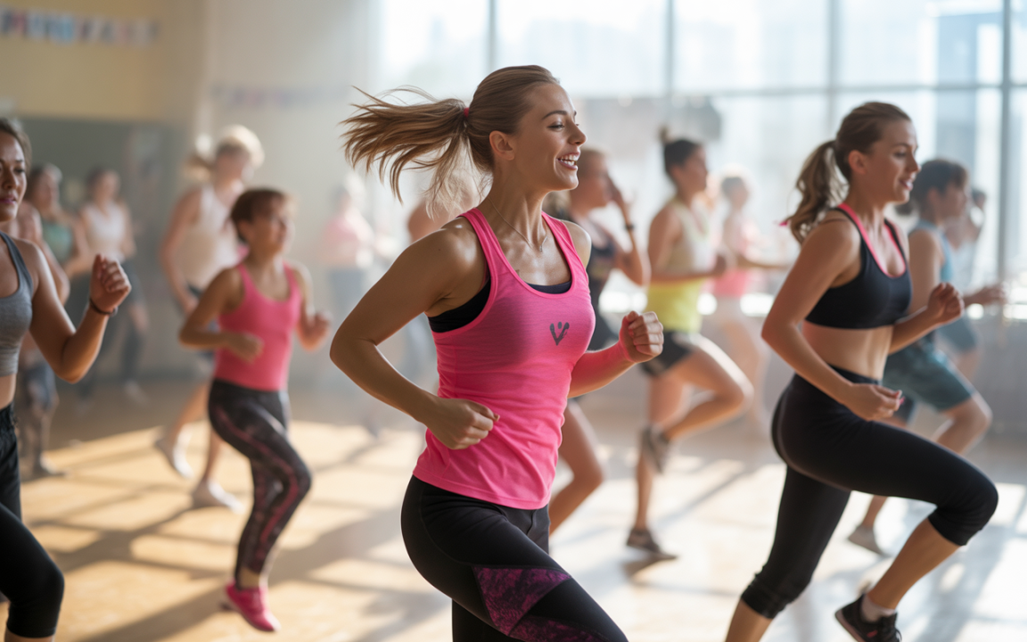 Groupe de personnes faisant une séance de fitness, en mouvement dynamique, dans une salle lumineuse et aérée, avec un sol en bois.