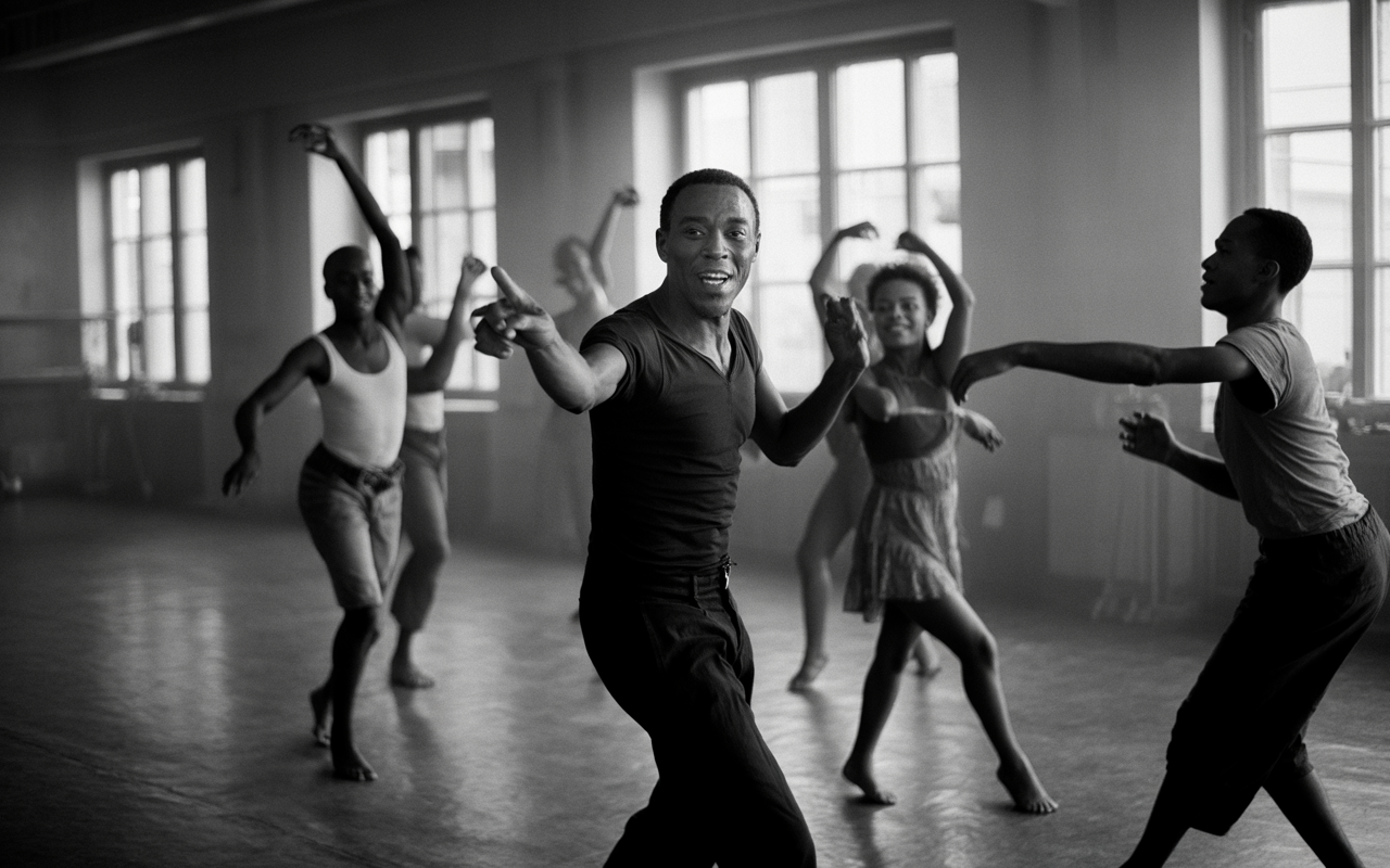 Salle de danse en noir et blanc, plusieurs danseurs se déplacent gracieusement, capturant l'énergie et la passion du mouvement.