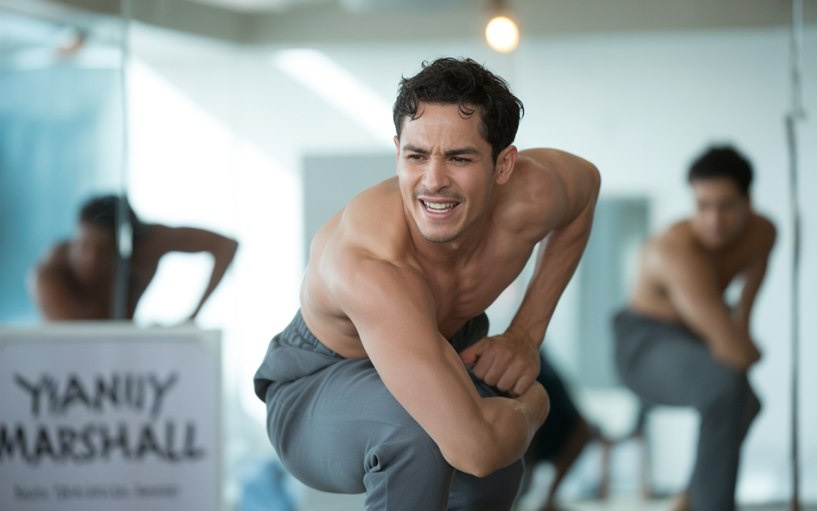 Un homme torse nu, en tenue de danse, s'entraîne avec intensité dans un studio, entouré de miroirs.