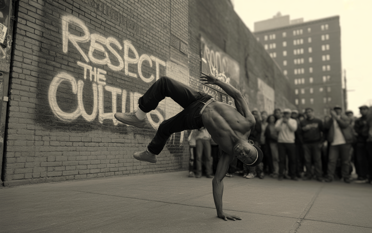 Un danseur réalise un mouvement acrobatique sur un trottoir, avec une foule admirative en arrière-plan et une fresque murale.