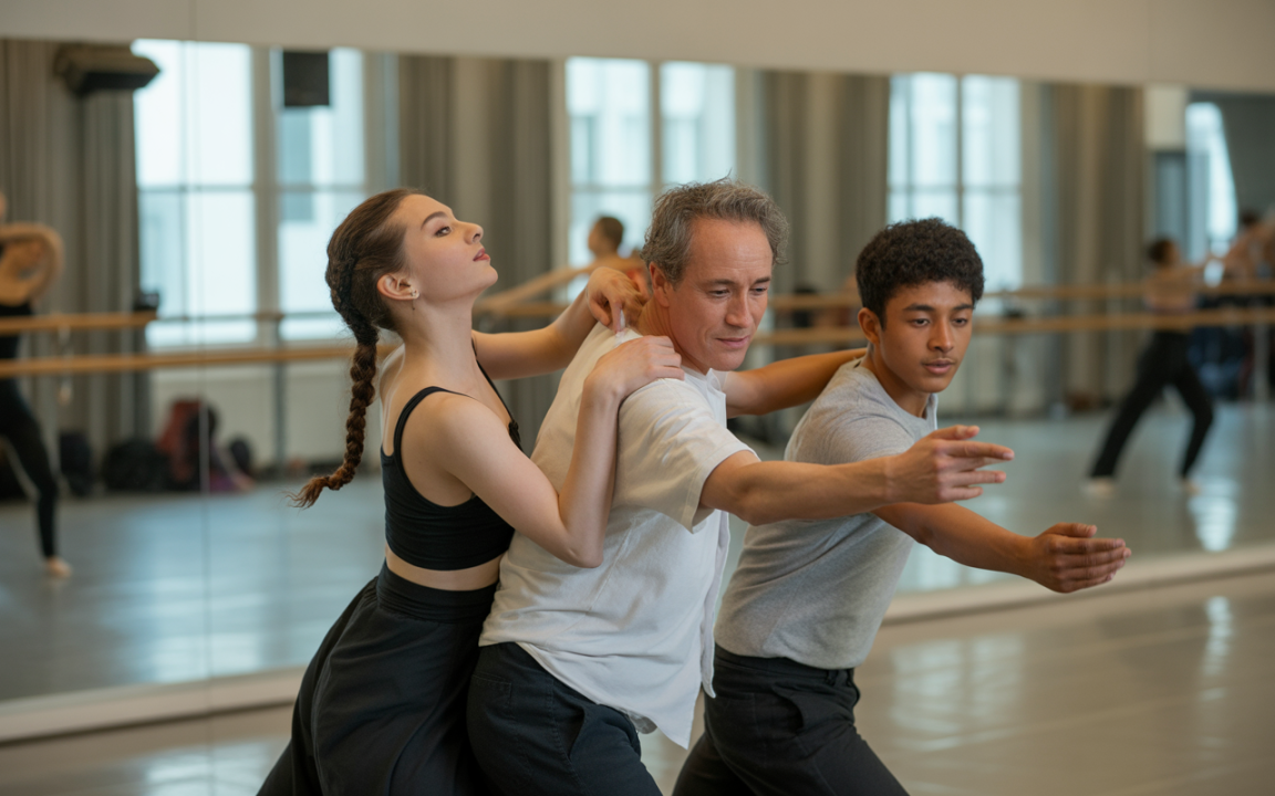 Trois danseurs dans un studio, en mouvement synchronisé, entourés de miroirs et d'autres personnes dans le fond.