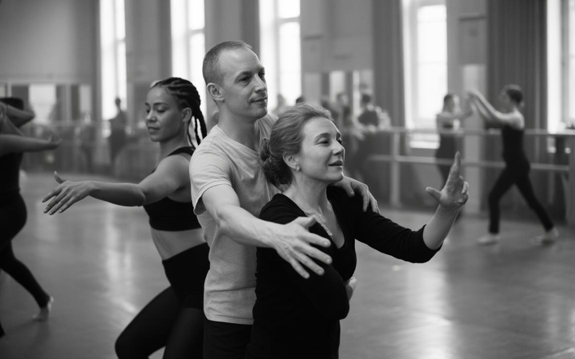 Trois danseurs s'exercent en studio, en noir et blanc, capturant l'élégance et la synchronisation de leurs mouvements.