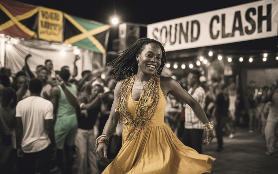 Femme dans une robe jaune danse joyeusement lors d'une soirée, entourée d'une foule festive sous des éclairages tamisés.