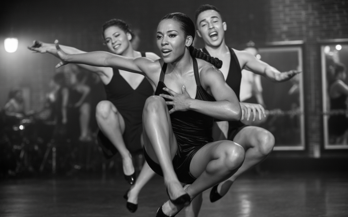 Trois danseurs en noir et blanc exécutent une chorégraphie dynamique, montrant des mouvements expressifs dans un studio de danse.