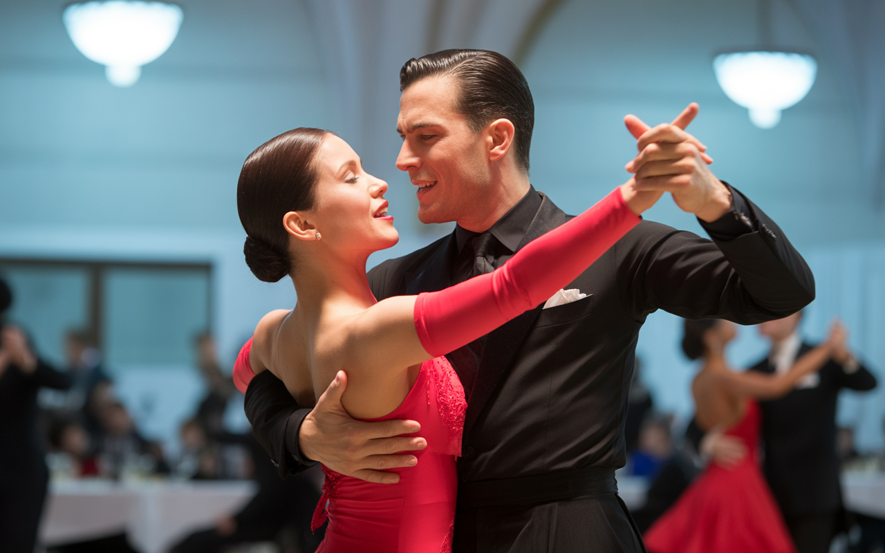 Un couple danse avec grâce dans un élégant salon, elle en robe rouge, lui en costume noir, entourés d'autres danseurs.