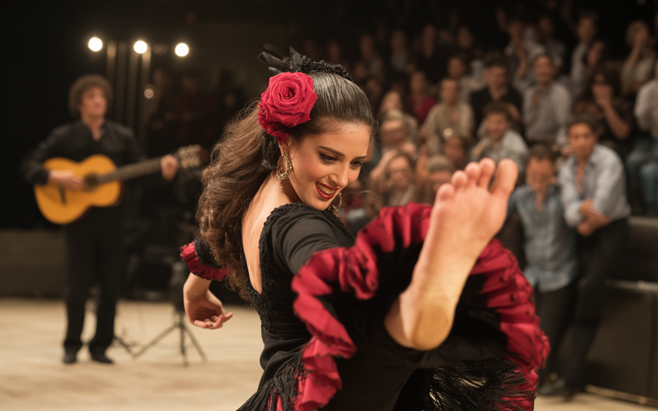 Danseuse de flamenco souriante en costume noir et rouge, exécutant un mouvement dynamique sur scène, avec un guitariste en arrière-plan.