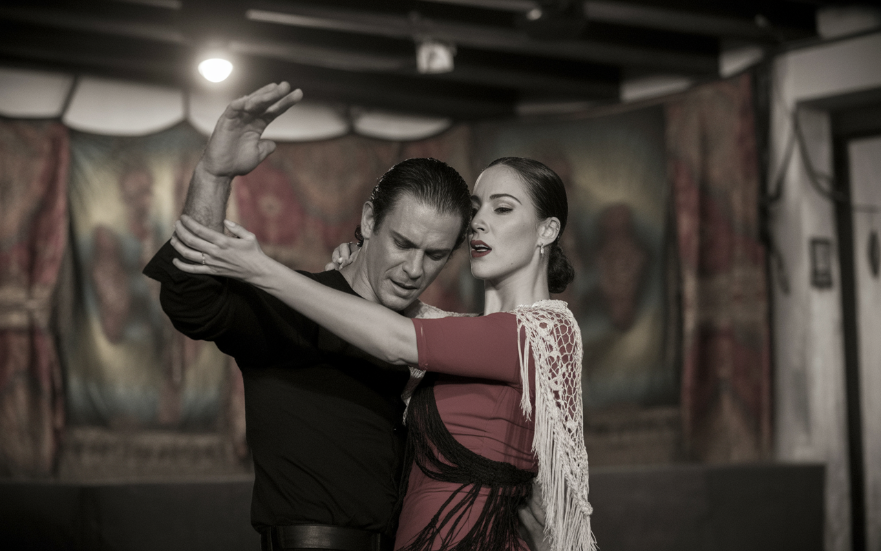 Danseurs de flamenco en pleine performance, vêtus de costumes traditionnels, dans une ambiance artistique et passionnée. Atmosphère intense et captivante.
