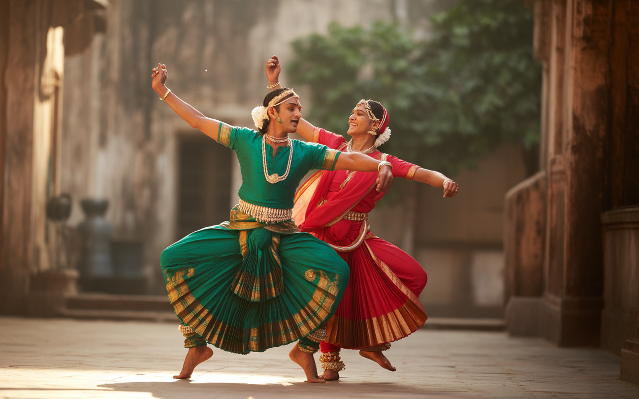 Deux danseurs en tenue traditionnelle exécutent une danse joyeuse dans un décor ancien, illuminé par la lumière naturelle.