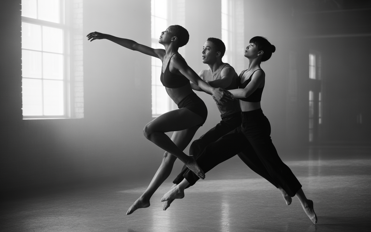 Trois danseurs en mouvement, exécutant une chorégraphie dynamique dans un studio lumineux, enveloppé de brouillard. Noir et blanc.
