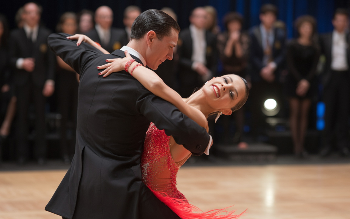 Un couple de danseurs en compétition, exécutant une danse élégante, avec des costumes brillants sur une scène illuminée.