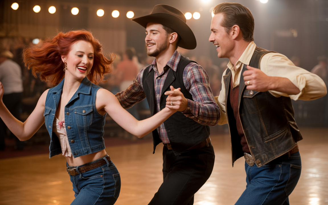 Trois danseurs s'amusent sur une piste de danse, vêtus de tenues western, avec un éclairage chaleureux en arrière-plan.