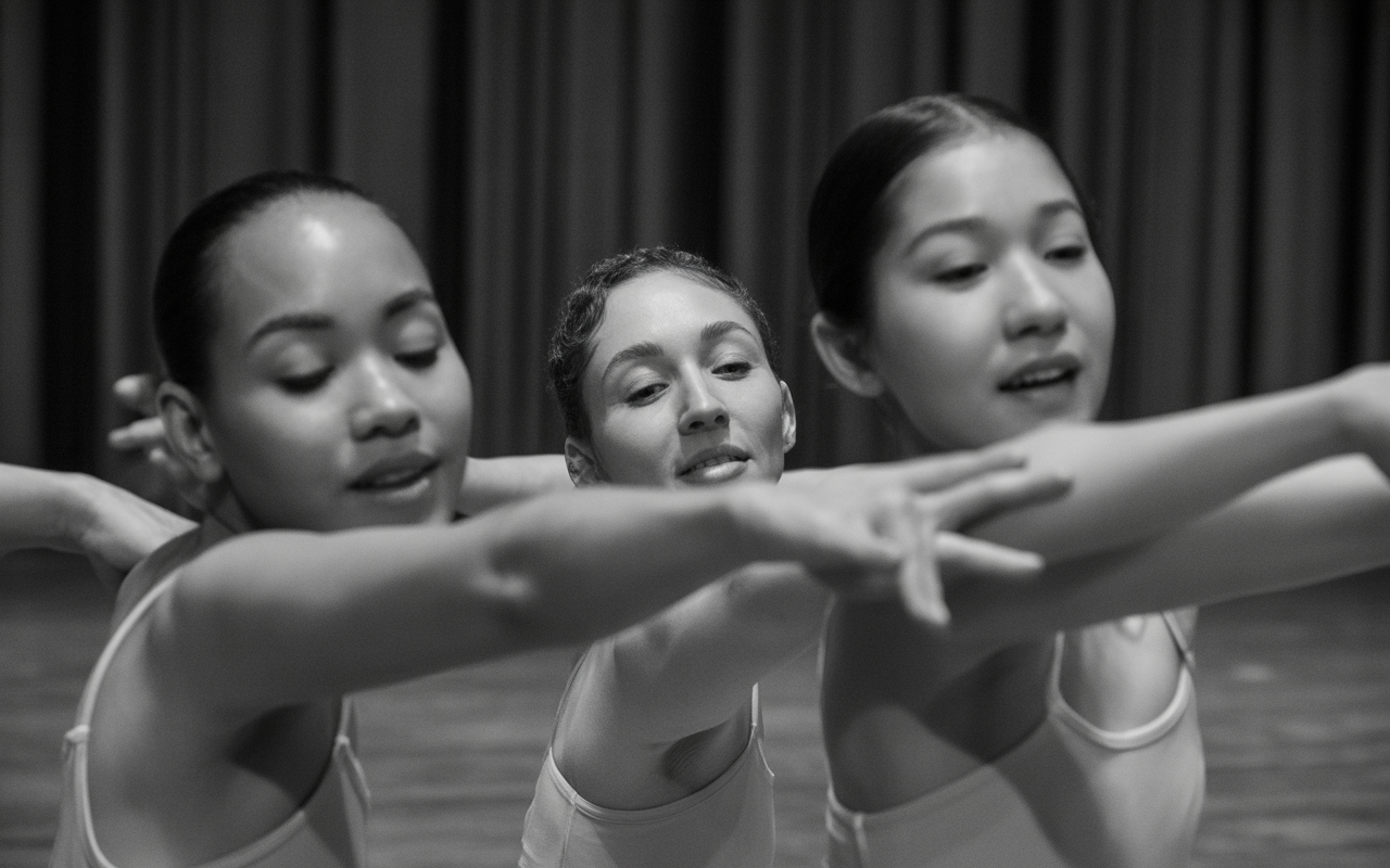 Trois danseuses exécutent une chorégraphie, bras tendus, exprimant grâce et concentration dans une ambiance monochrome.