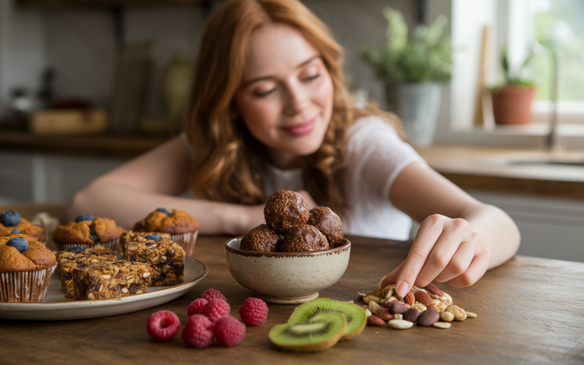 Une femme souriante explore une assiette de muffins, avec des fruits rouges, des kiwis et un bol de boules énergétiques sur une table en bois.