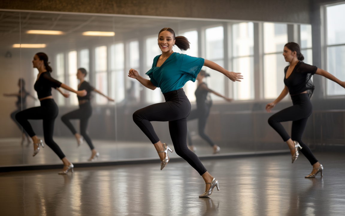 Deux danseuses s'exercent dans un studio éclairé, l'une souriante en haut bleu, l'autre en noir, à l'arrière-plan.