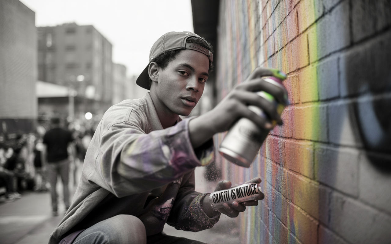 Un jeune artiste graffiti utilise une bombe de peinture devant un mur coloré, exprimant sa créativité à travers l’art urbain.
