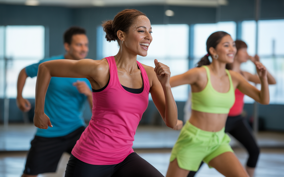 Groupe de personnes souriantes s'entraînant dans une salle de sport, vêtues de tenues de sport colorées et dynamiques.