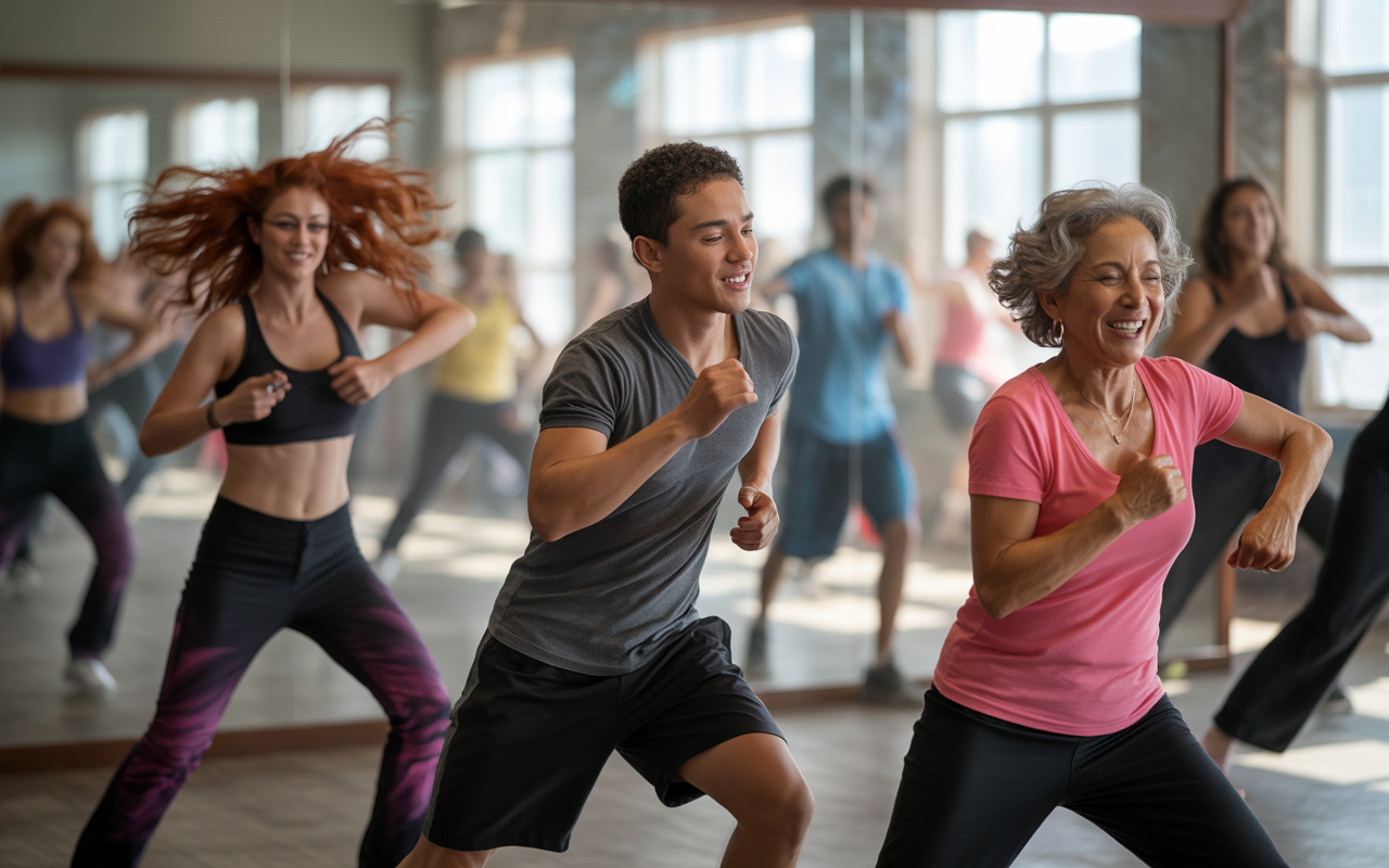 Groupe diversifié de personnes dansantjoyeusement en studio, reflétant l'énergie et la convivialité d'un cours de danse.
