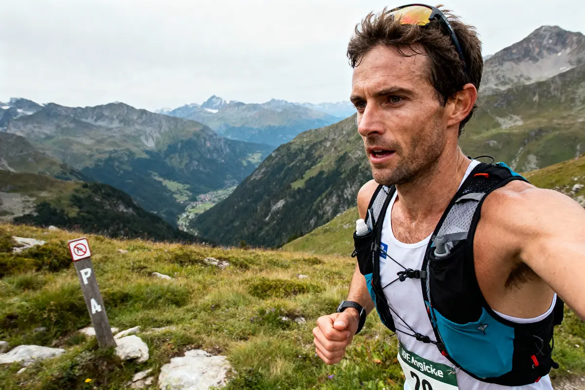 Coureur dans les montagnes alpines, portant un sac à dos et un dossard, paysage vallonné à l'arrière-plan.